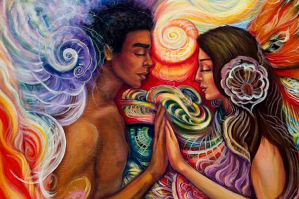 Arte de casal frente a frente com as mãos unidas em uma experiência neotantra