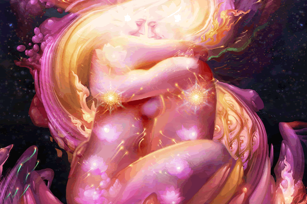 Arte de casal abraçado com energias rosas ao redor fazendo sexo tântrico

